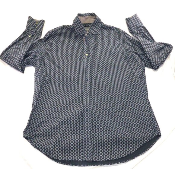 Johnston & Murphy Mens XL Navy Button-Up Shirt With White Geometric Print Long S - Picture 1 of 8